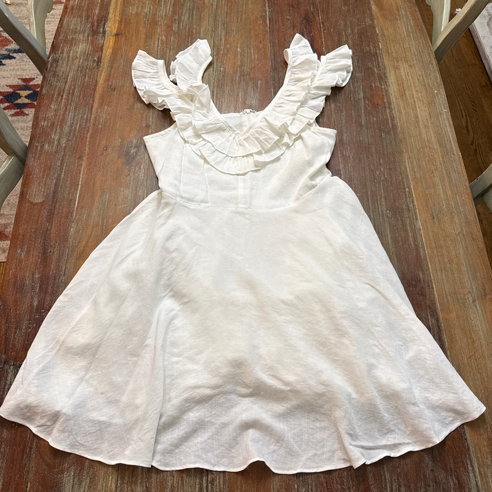 Vestique White Ruffle Trim V Neck Mini Dress Large
